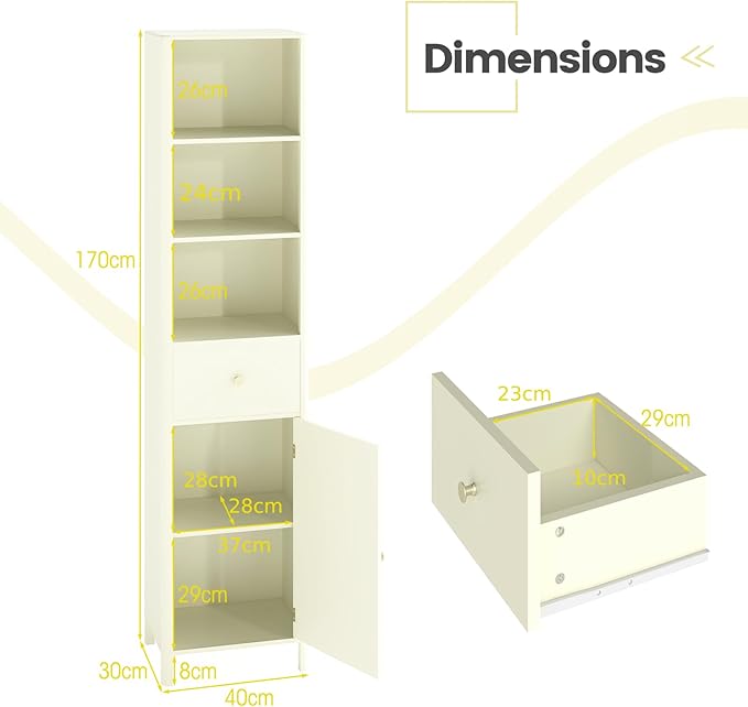 Tall Bathroom Storage Cabinet Beige Fluted Door Drawer 170cm
