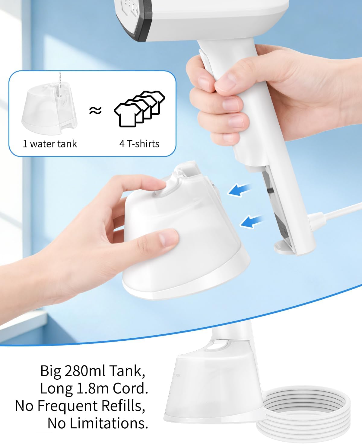 Handheld Clothes Steamer 1500W Fast Heat 280ml Tank Portable