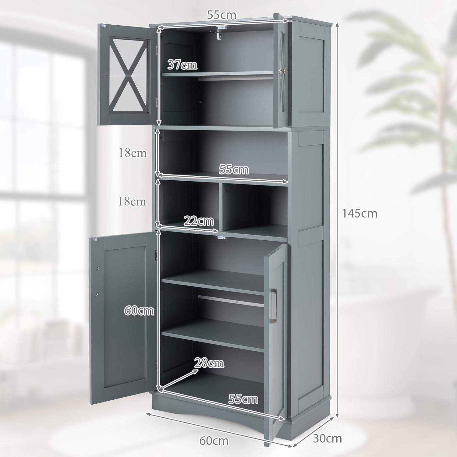 Tall Storage Cabinet Grey Adjustable Shelf Door Unit