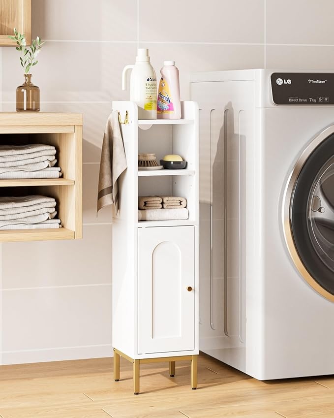 Slim Tall Bathroom Storage Cabinet Waterproof White Unit