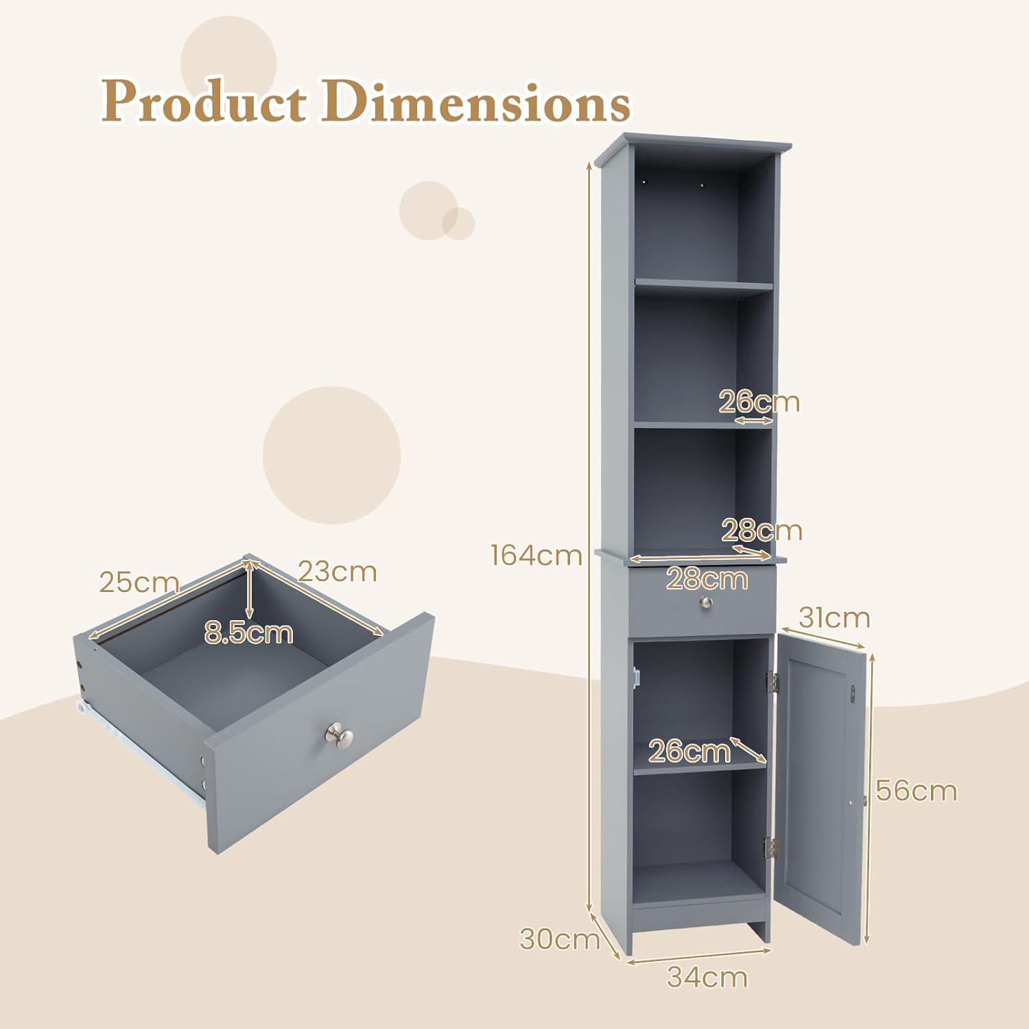 Slim Bathroom Tall Cabinet Drawer Door Shelf Unit Grey