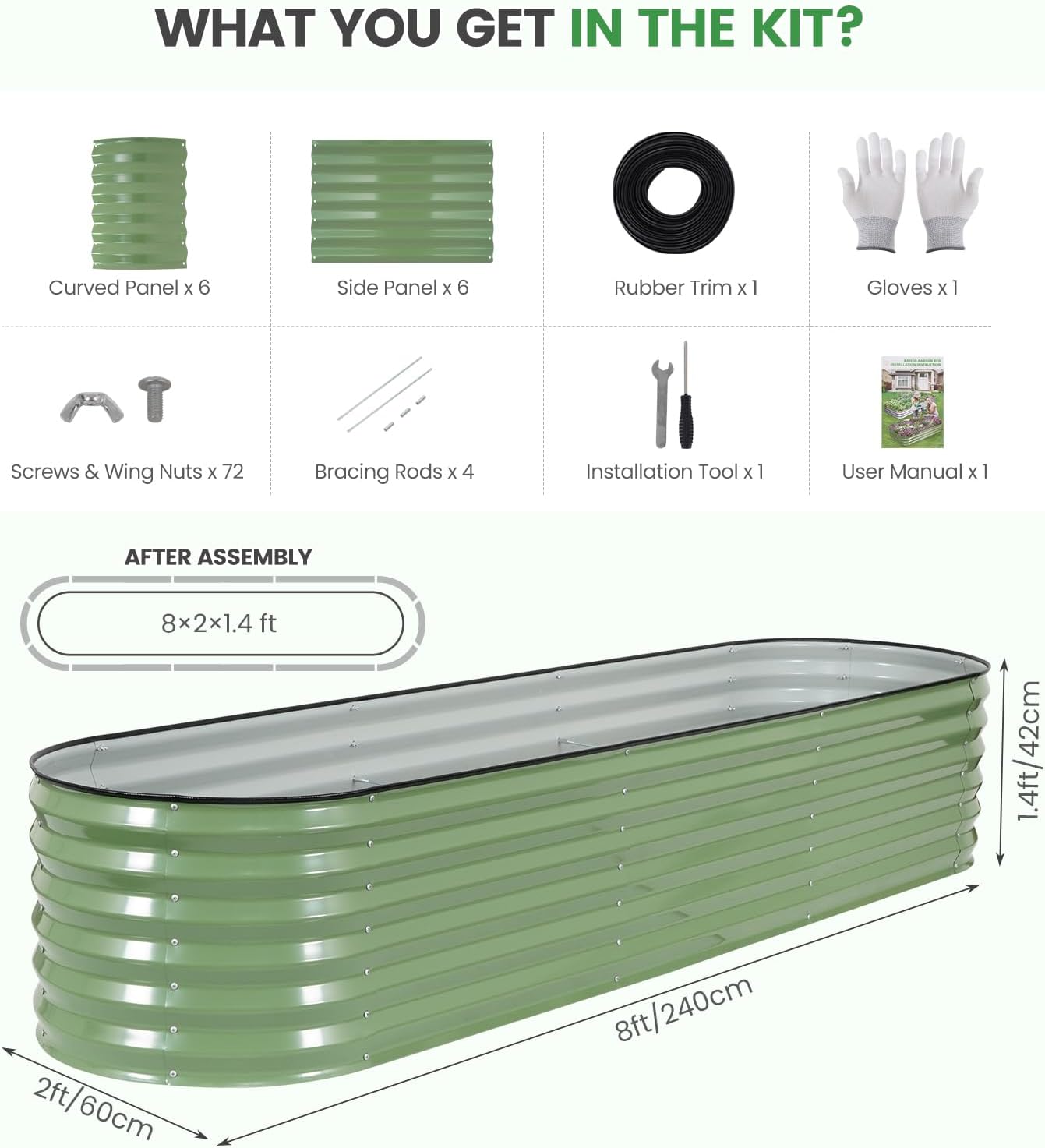 Set of 2 Olive Green Metal Raised Garden Beds 240x60cm