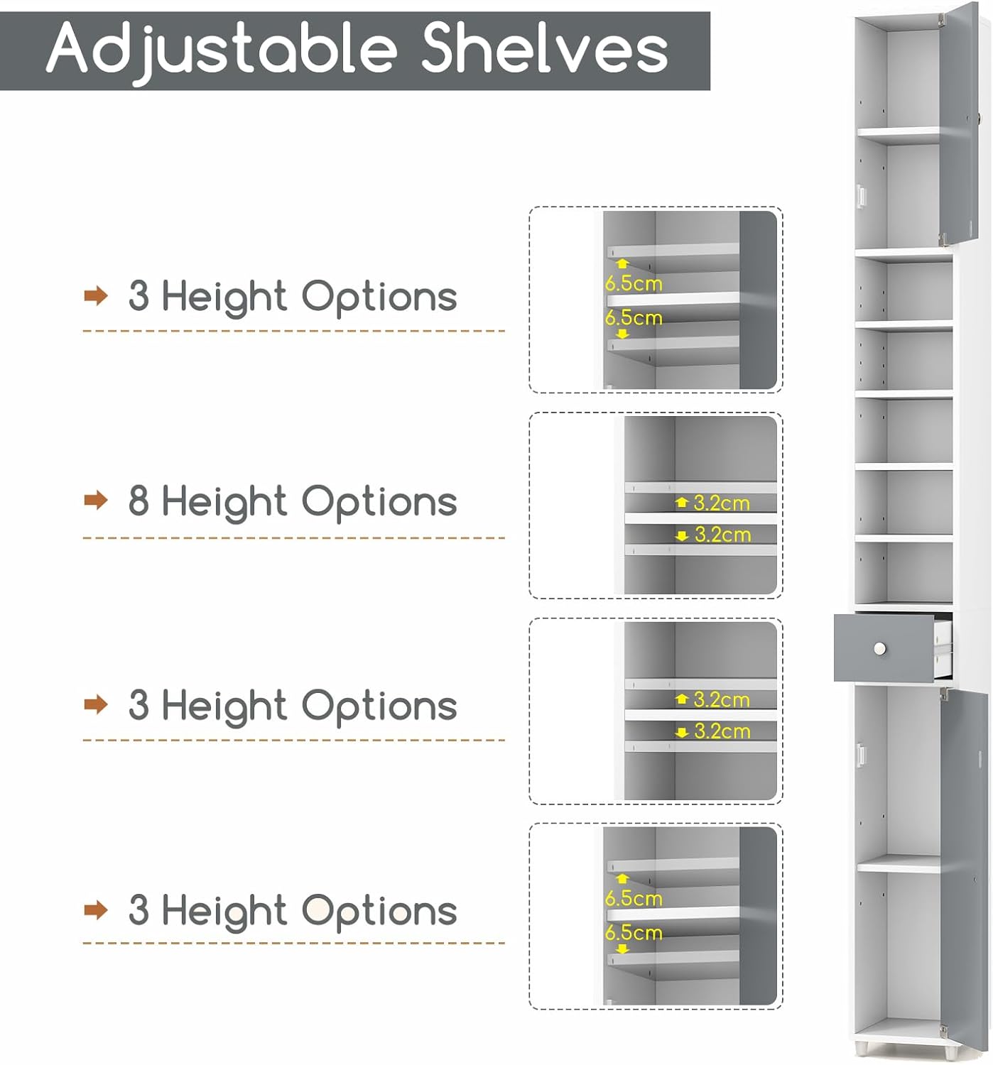 Tall Slim Bathroom Storage Cabinet Drawer Shelves Grey White