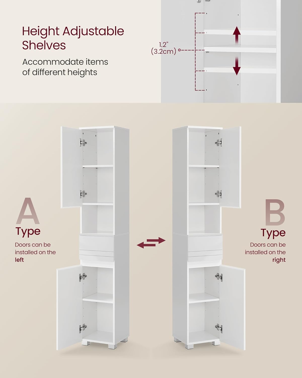 Tall Slim Bathroom Storage Cabinet Drawer Adjustable Shelves White 170cm