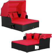 2 Seater Rattan Daybed Sunbed Canopy Side Tables Red
