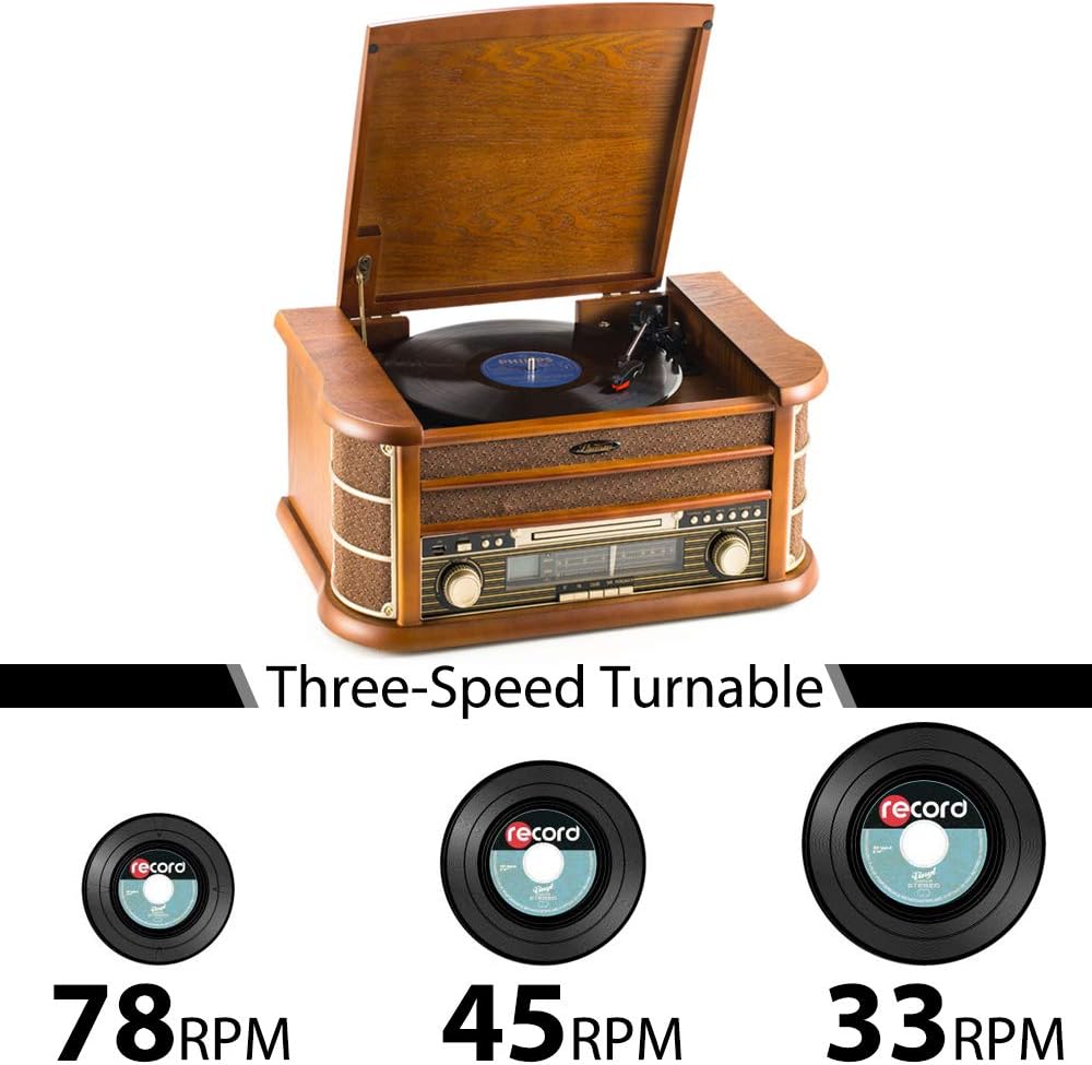Retro 8 in 1 Music Centre Record Player Brown