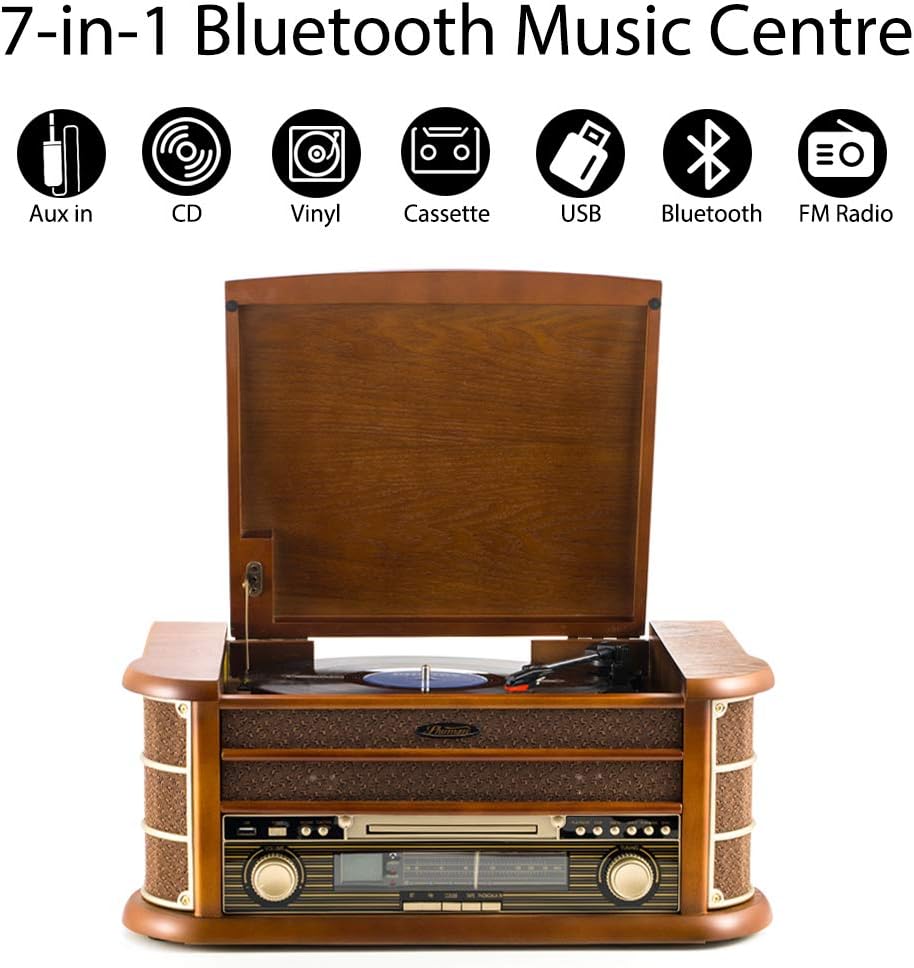 Retro 8 in 1 Music Centre Record Player Brown