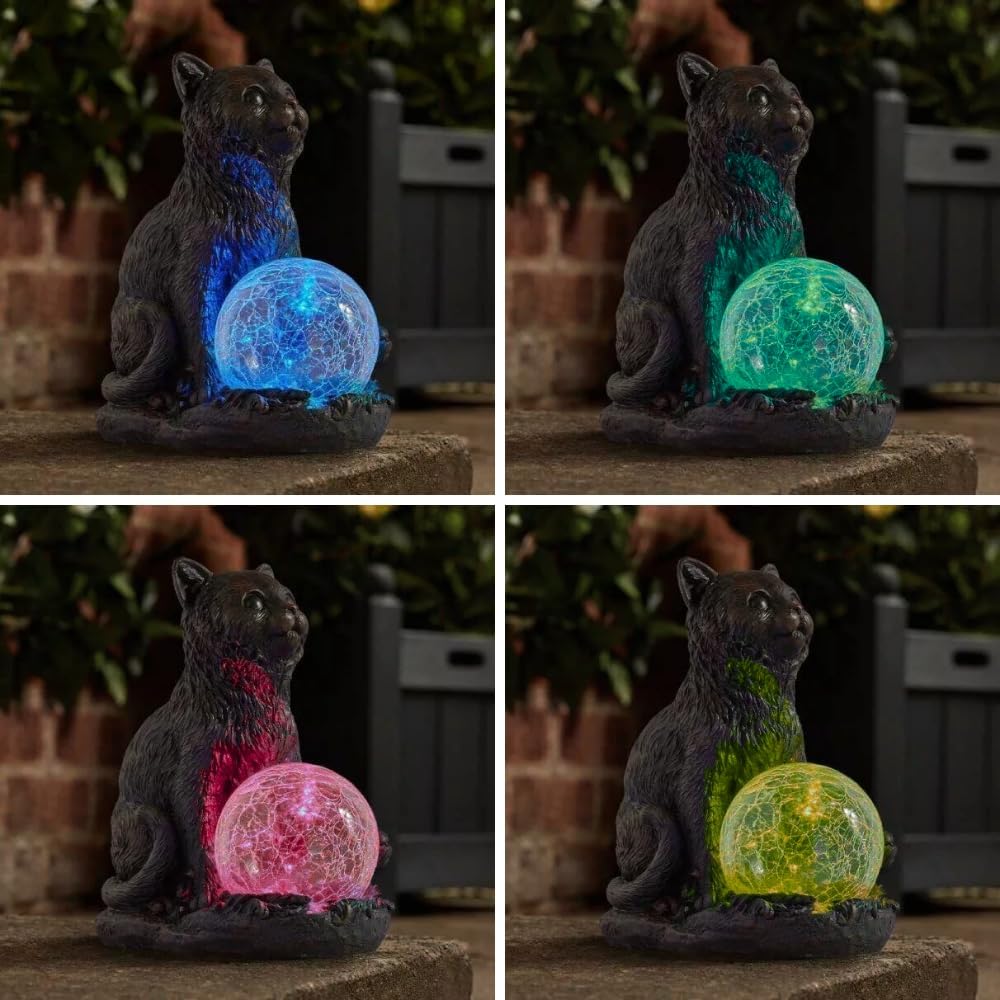 Solar Cat Garden Statue LED Crystal Ball Light Outdoor Decor 19cm