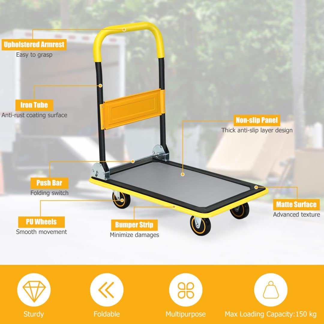 Folding Push Cart Dolly 150KG Flatbed Trolley Yellow