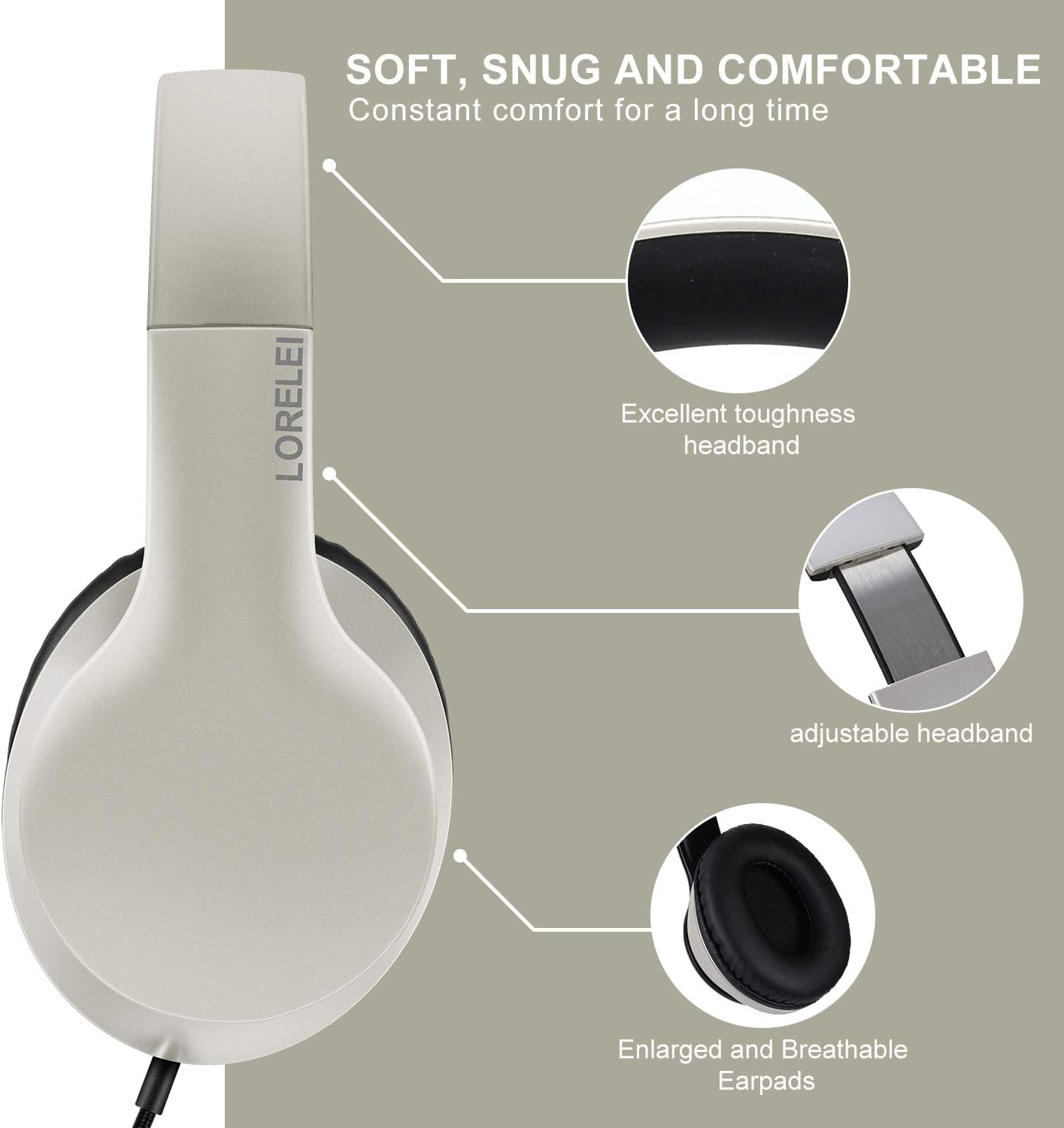 Wired Over Ear Headphones With Mic Stereo Bass 3.5mm Silver