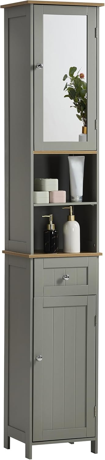 Tall Mirrored Bathroom Cabinet Grey Oak 2 Door Drawer 190cm