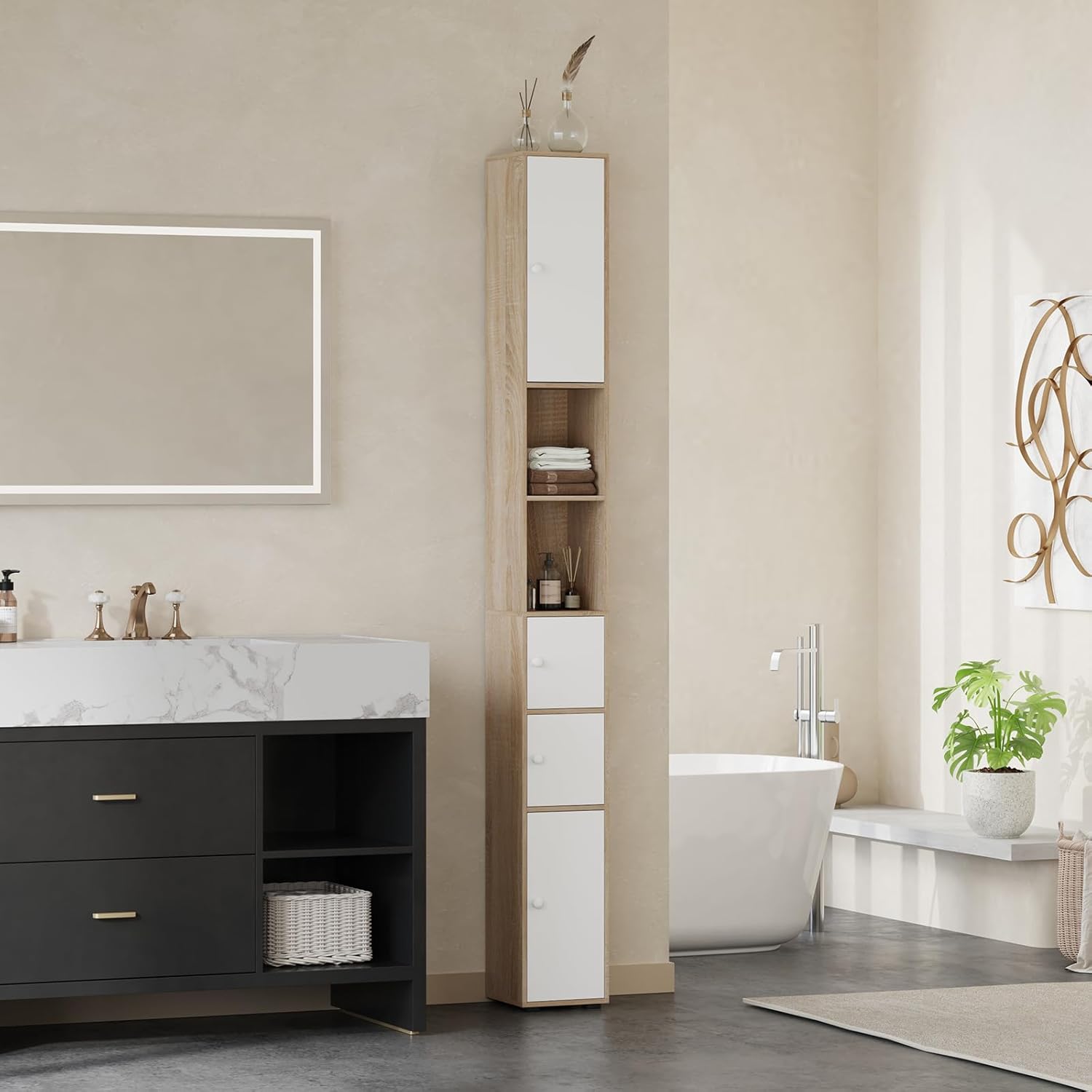Tall Slim Bathroom Storage Cabinet White Walnut Door Unit