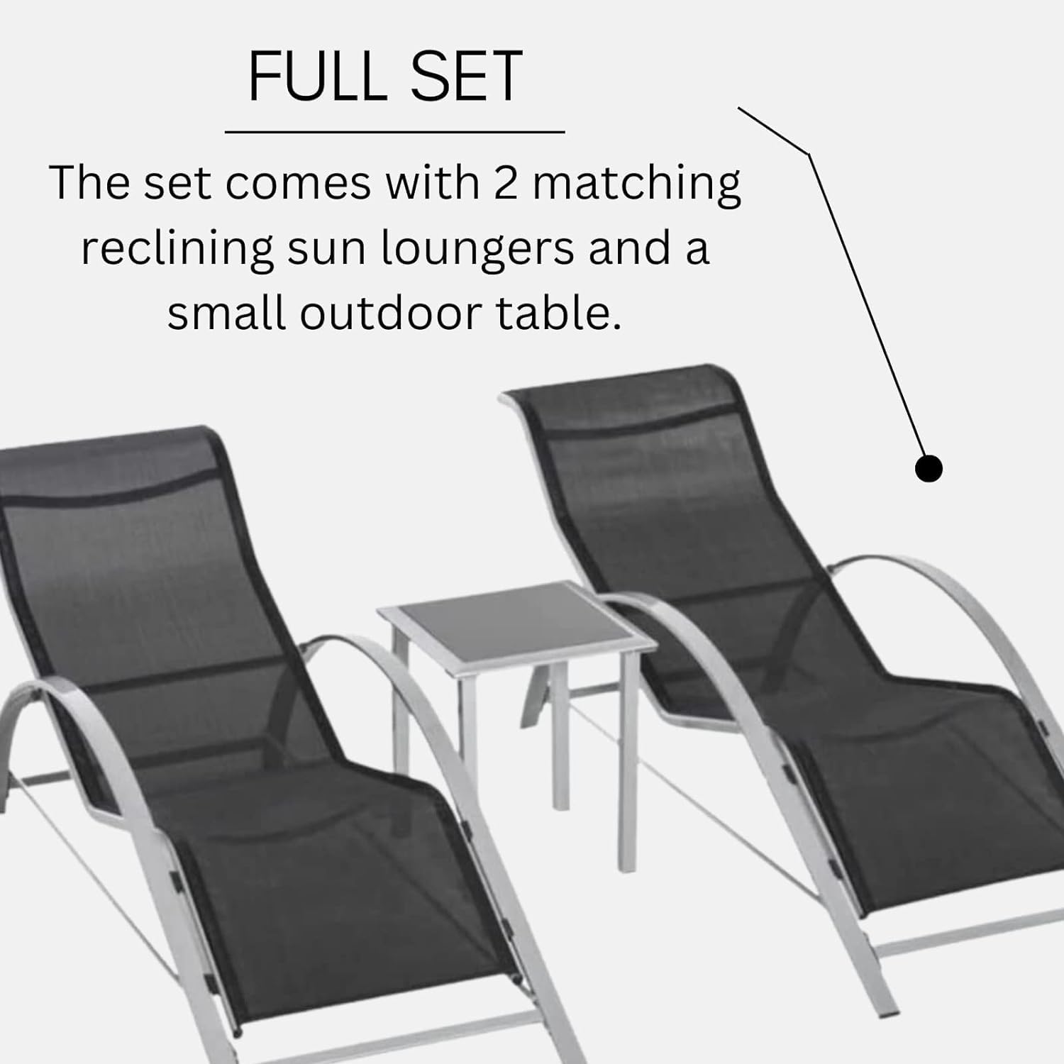 3 Piece Garden Sun Lounger Set Recliners Side Table Black