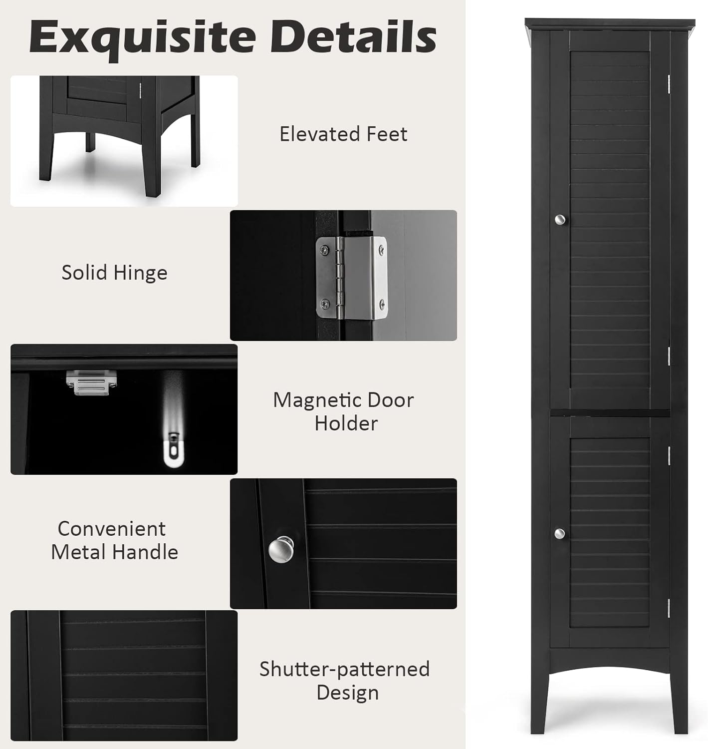 Slim Bathroom Tall Cabinet 2 Door 5 Tier Shelf Unit Black