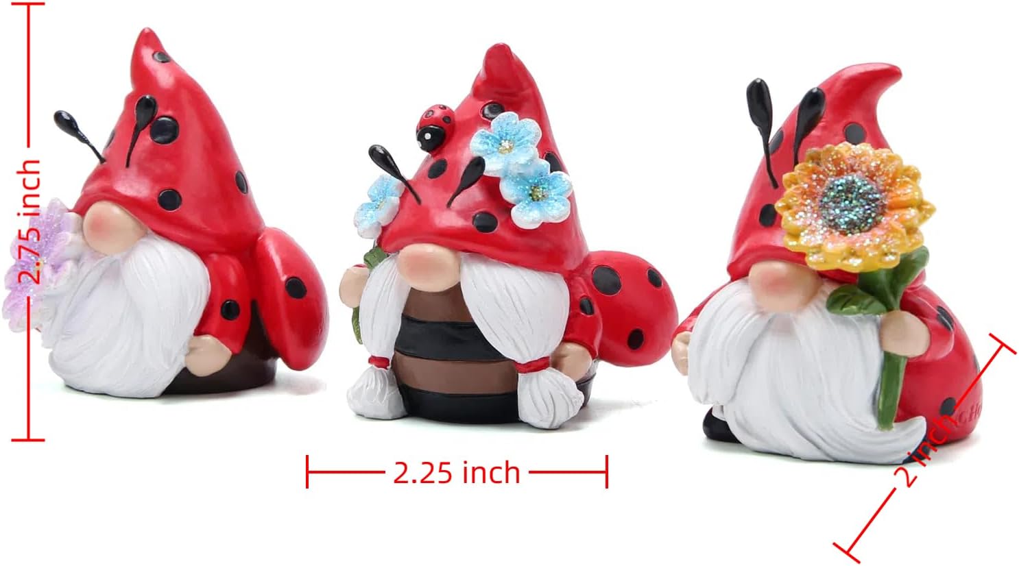 3PCS Ladybird Garden Gnome Set Resin Outdoor Ornaments Flower Decor