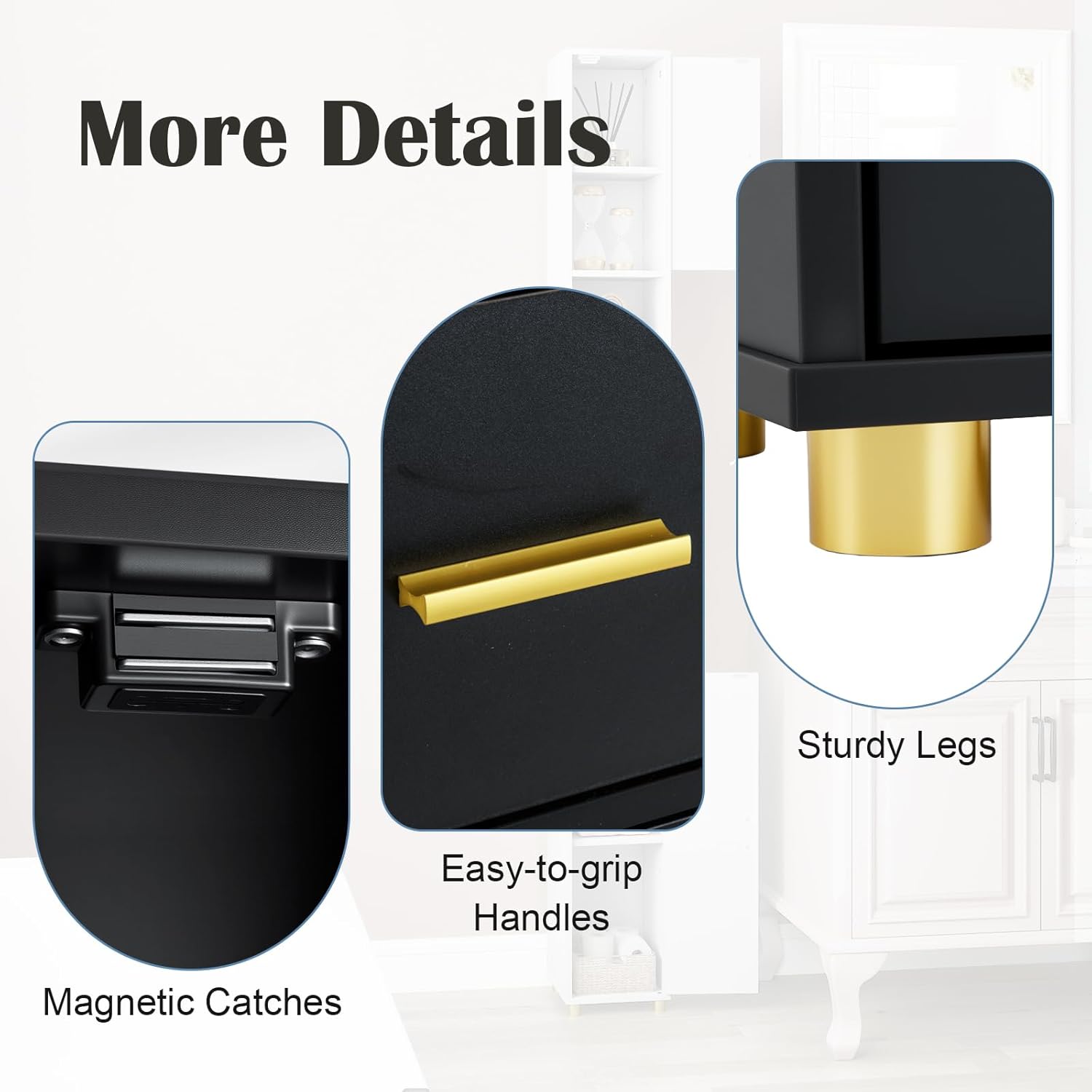 Tall Slim Bathroom Cabinet LED Light Drawer Shelves Black 180cm