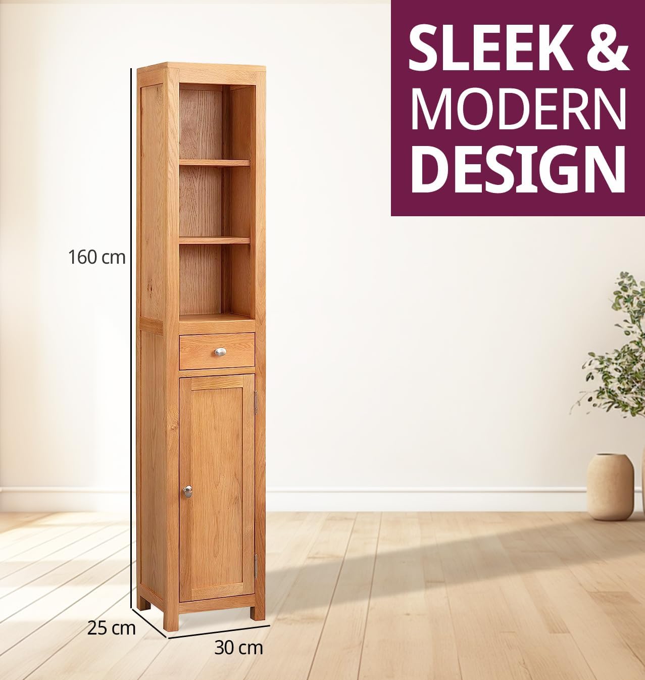 Solid Oak Tall Bathroom Storage Cabinet Drawer Shelf Unit