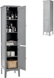 Tall Slim Storage Cabinet Grey 5 Tier 2 Door Cupboard