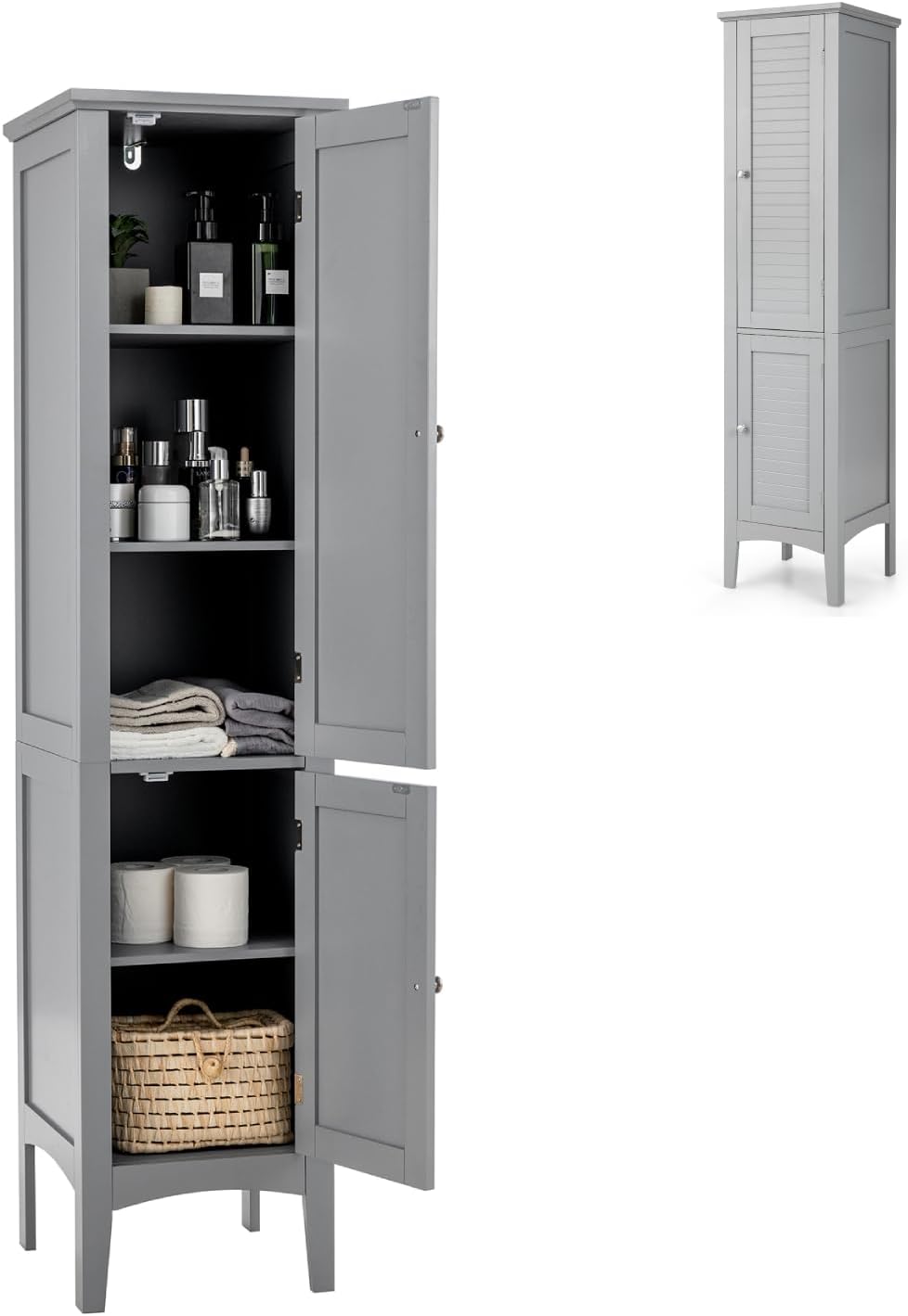 Tall Slim Storage Cabinet Grey 5 Tier 2 Door Cupboard