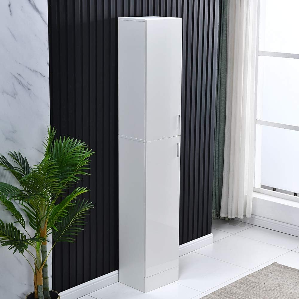 Tall High Gloss Storage Cabinet White 2 Door 4 Shelf Unit