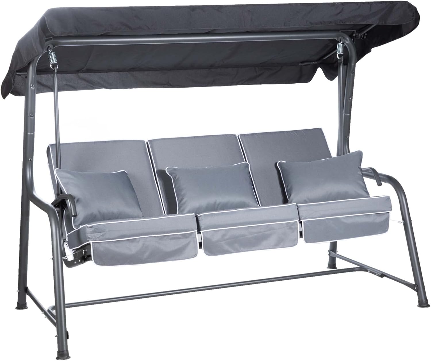 3 Seater Reclining Garden Swing Bed Grey Canopy Cushions 250kg