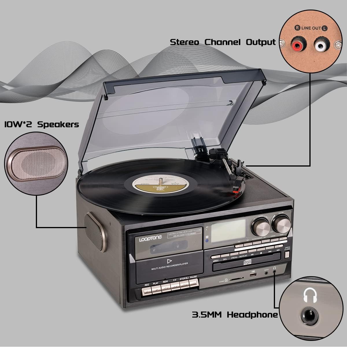 Bluetooth Vinyl Record Player 10 in 1 3 Speed Turntable Retro Black