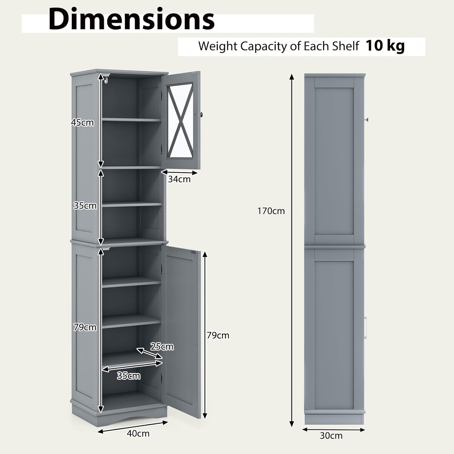 Grey Tallboy Bathroom Cabinet 2 Door Shelf Storage Unit