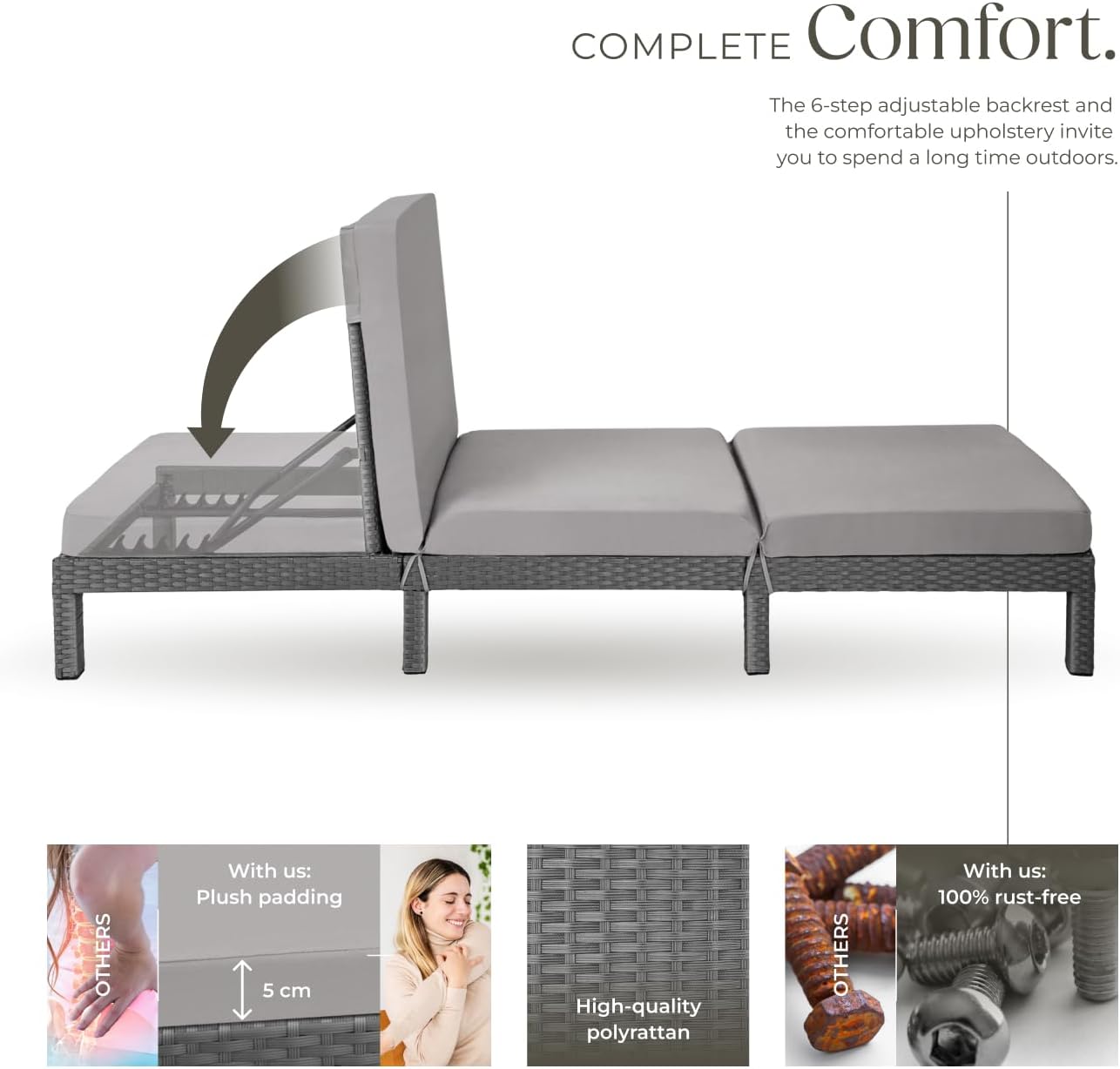 Luxury Rattan Sun Lounger 6 Position Cushion Grey