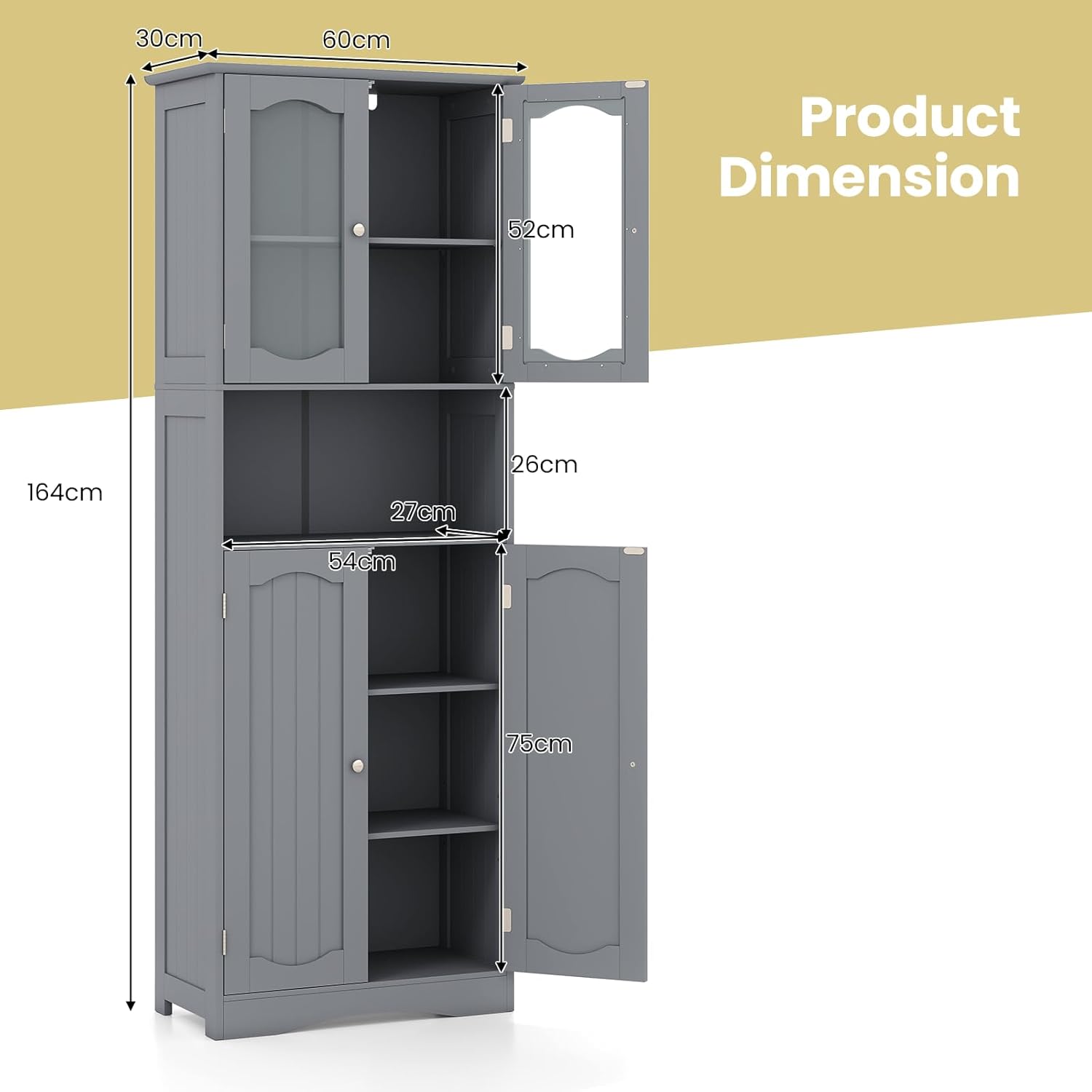 Tall Grey Storage Cabinet Frost Glass Door Shelf Unit