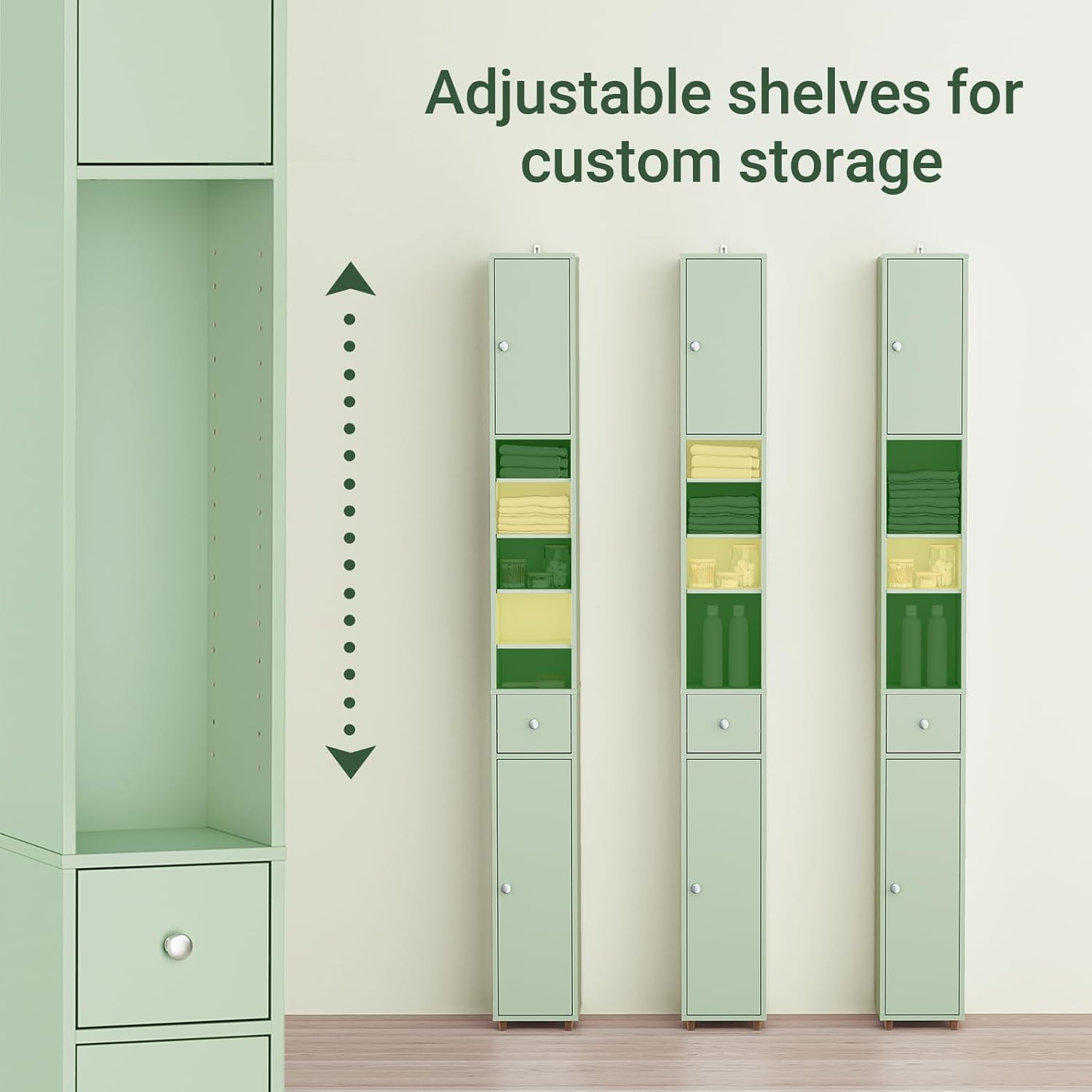Slim Tall Bathroom Cabinet Light Green Drawer 180cm