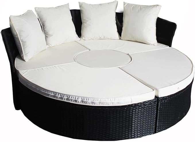 5 Piece Modular Rattan Round Daybed Set Cream