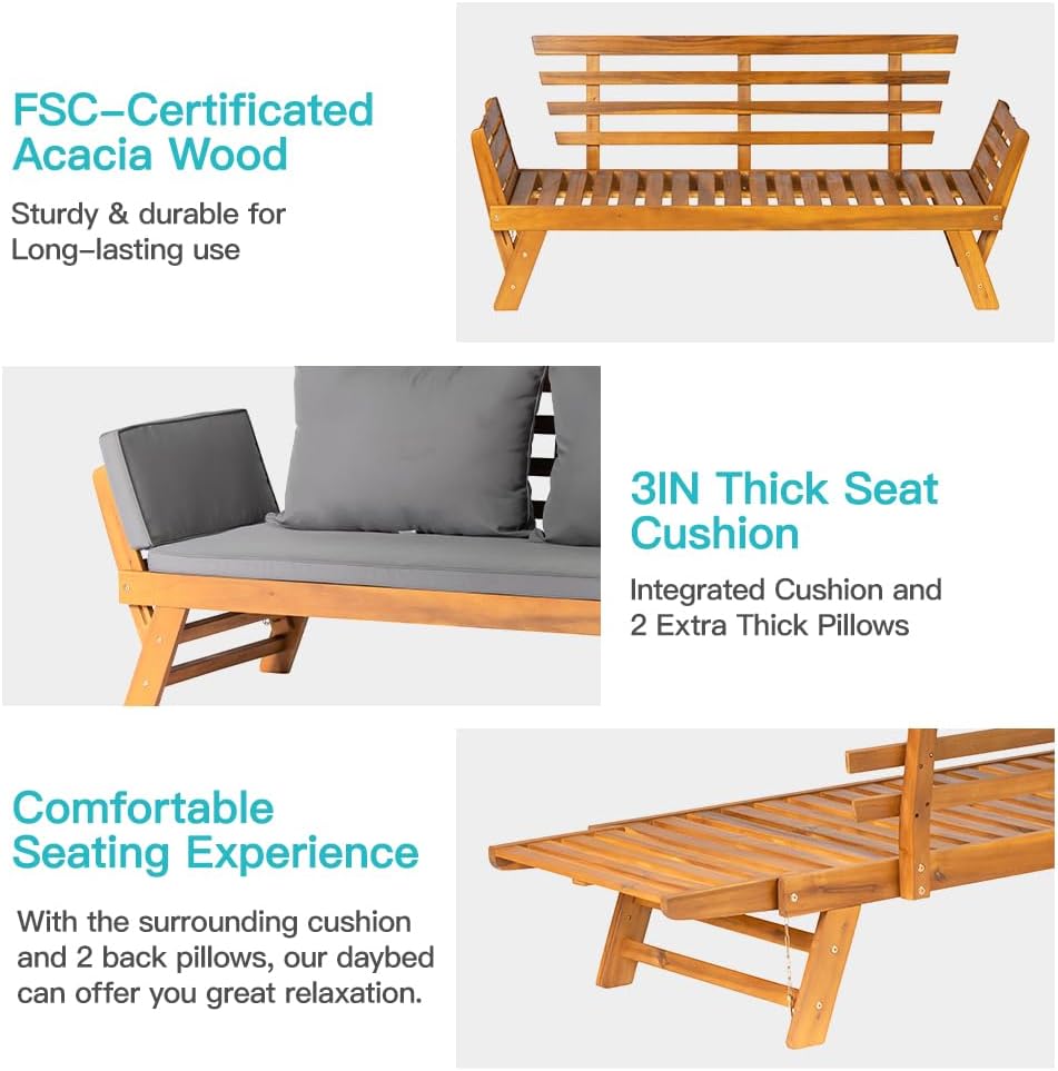 Acacia Wood Convertible Sofa Bed Outdoor Daybed Grey