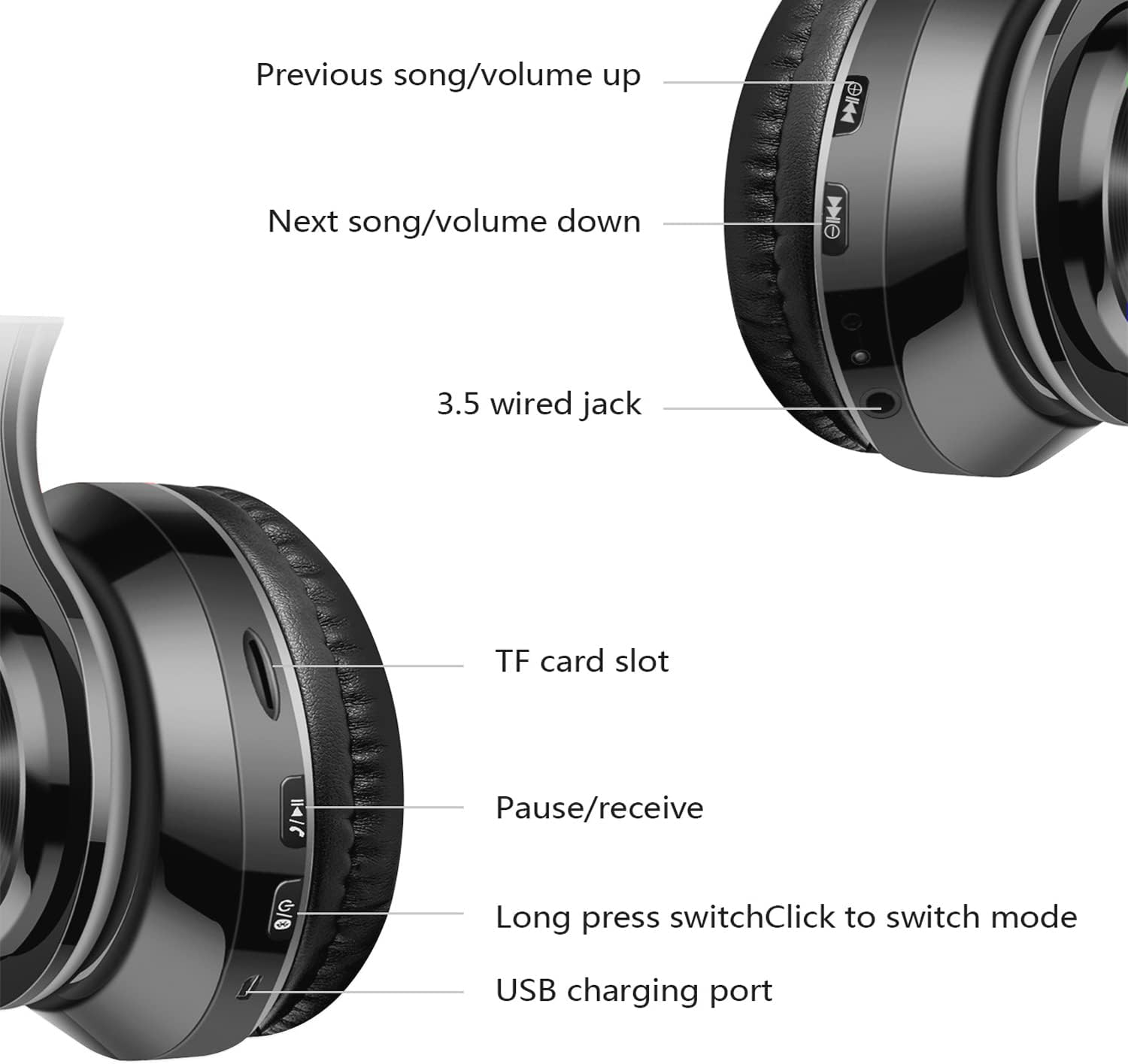 Bluetooth Over Ear Headphones Foldable Wireless Wired FM TF Mic