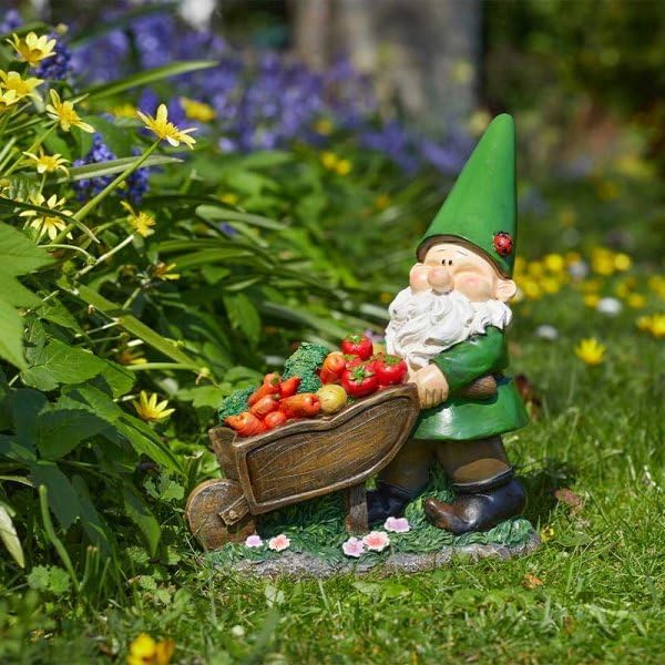 Garden Gnome Wheelbarrow Statue Funny Hand Painted Decor