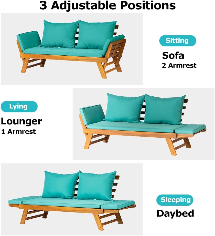 Acacia Wood Convertible Sofa Bed Outdoor Daybed Turquoise
