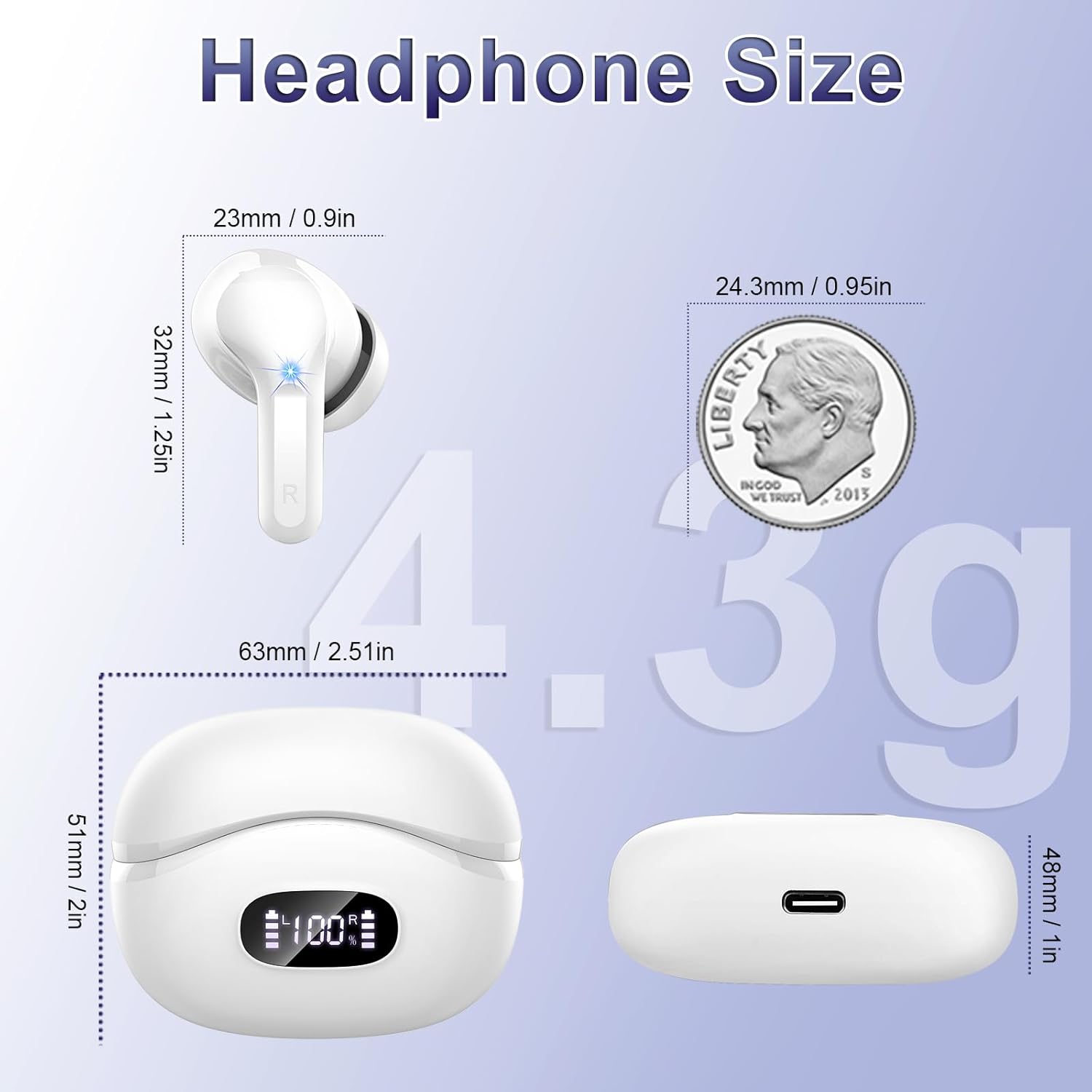 Bluetooth 5.3 Wireless Earbuds ENC Noise Cancelling 40H LED Display