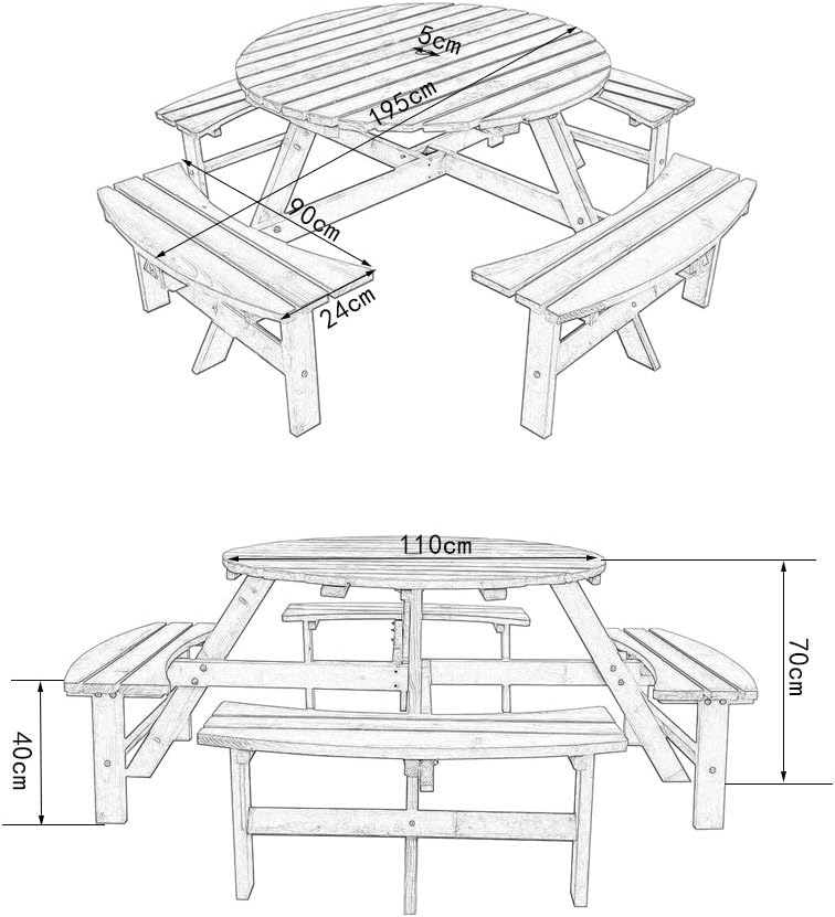 8 Seater Round Wooden Picnic Table Bench Set with Parasol Hole