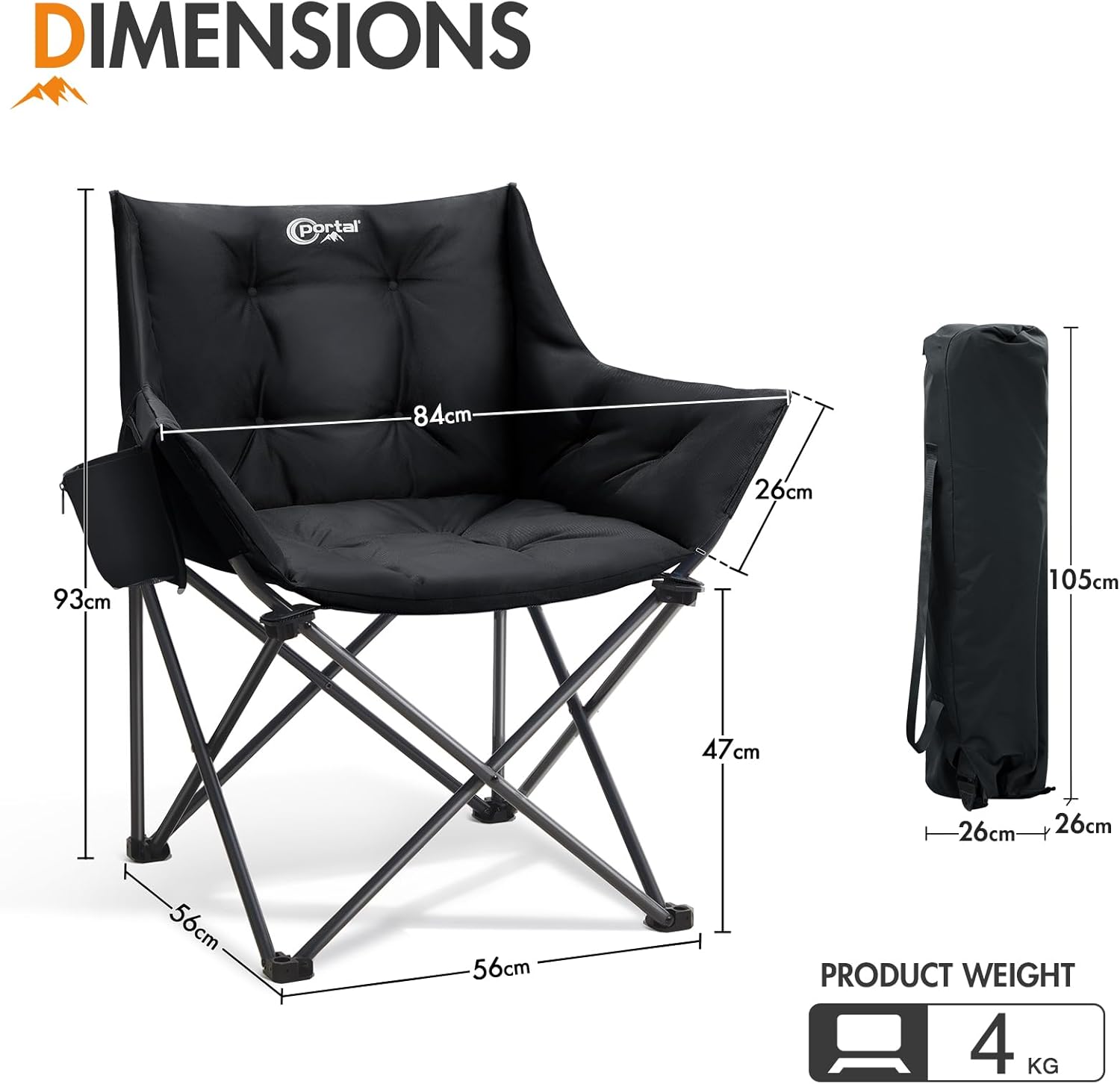 Padded Tub Camping Chair Wide Seat 150KG Black