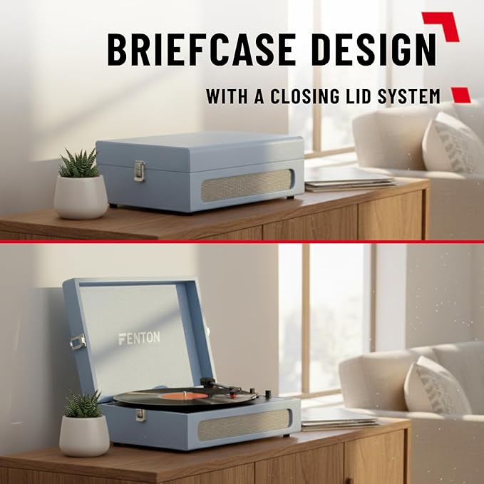 Portable Briefcase Record Player Bluetooth 3 Speed Blue