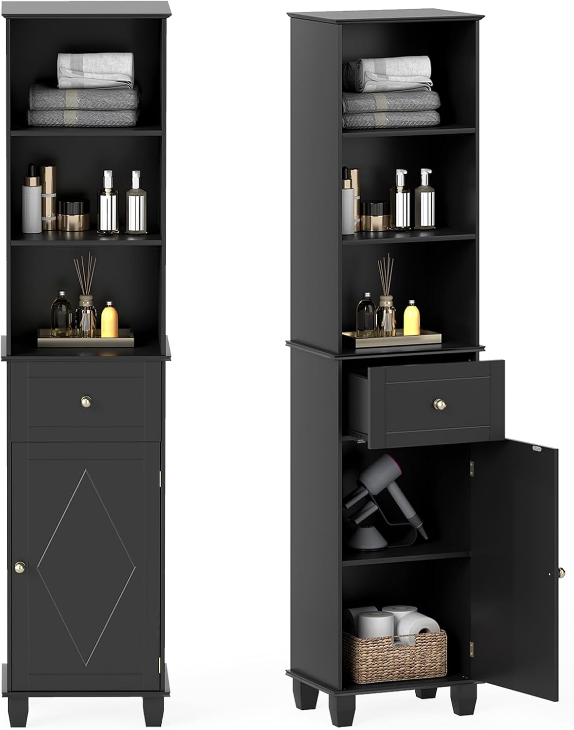 Tall Bathroom Cabinet Black Shelf Drawer Door Unit