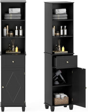 Tall Bathroom Cabinet Black Shelf Drawer Door Unit