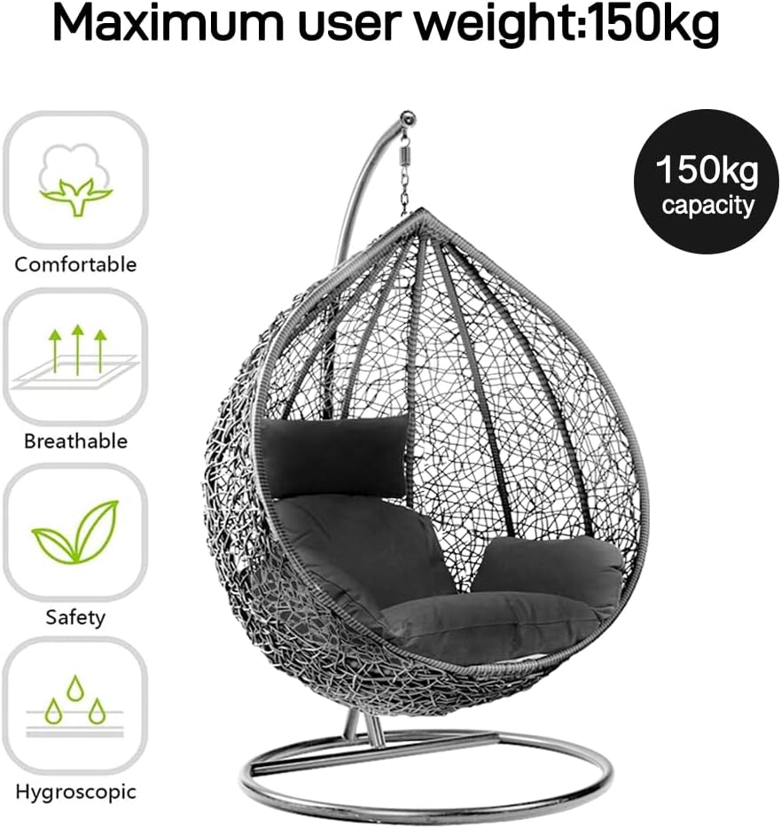 Black Rattan Egg Swing Chair with Stand Cushion Indoor Outdoor