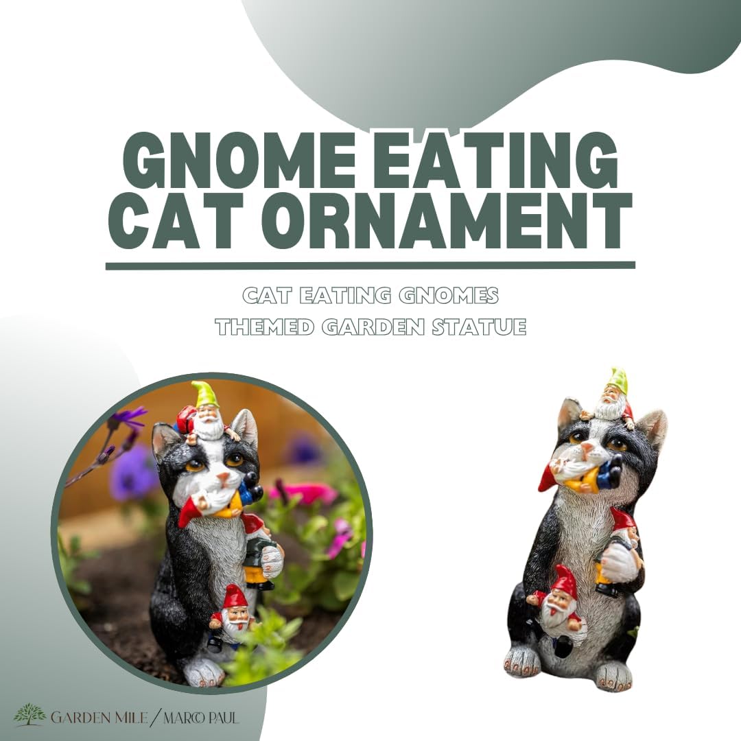 Funny Cat Eating Gnomes Statue Resin Garden Ornament Outdoor Decor