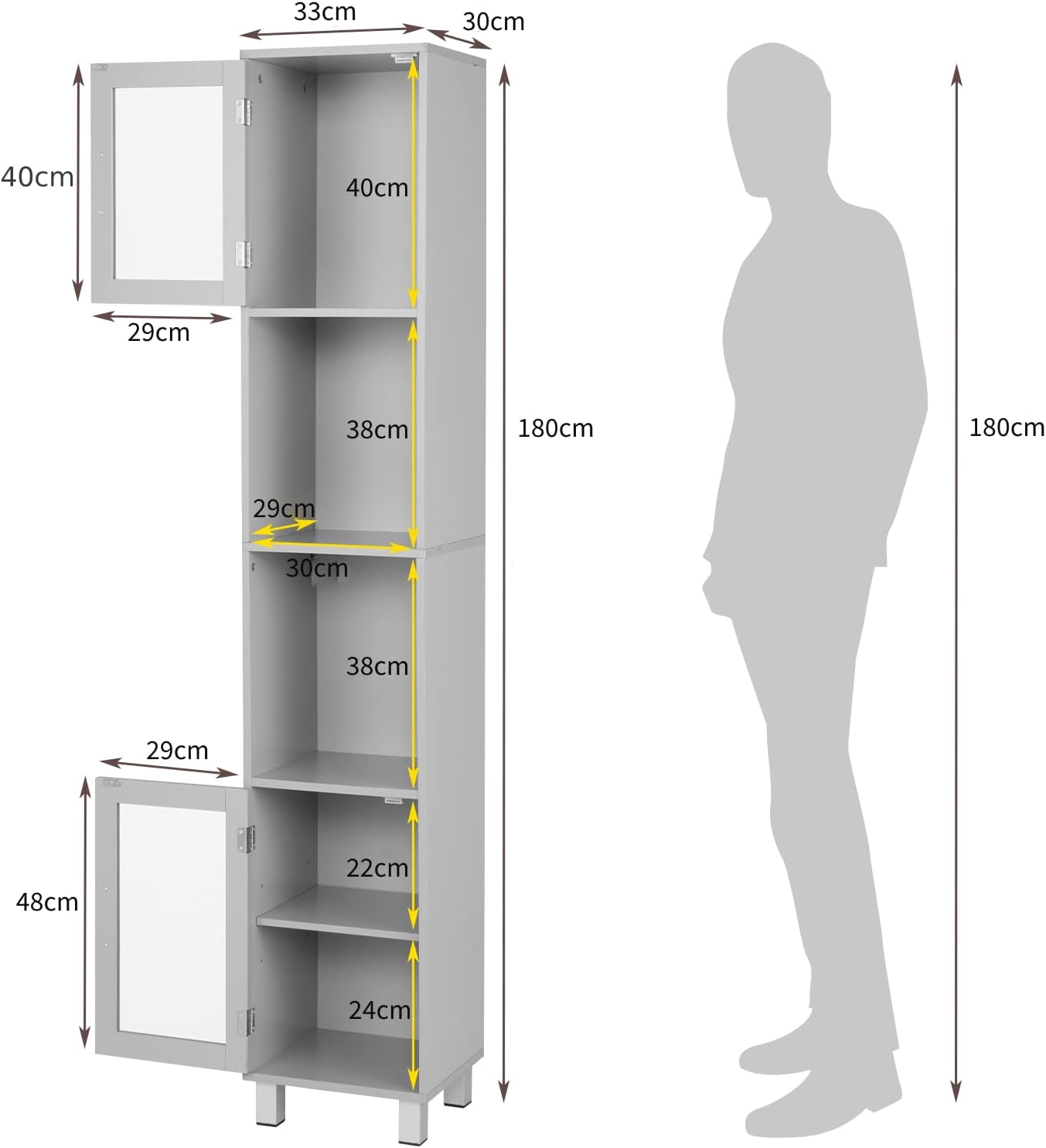 Tall Bathroom Storage Cabinet Slim Grey Cupboard Glass Door Shelf Unit