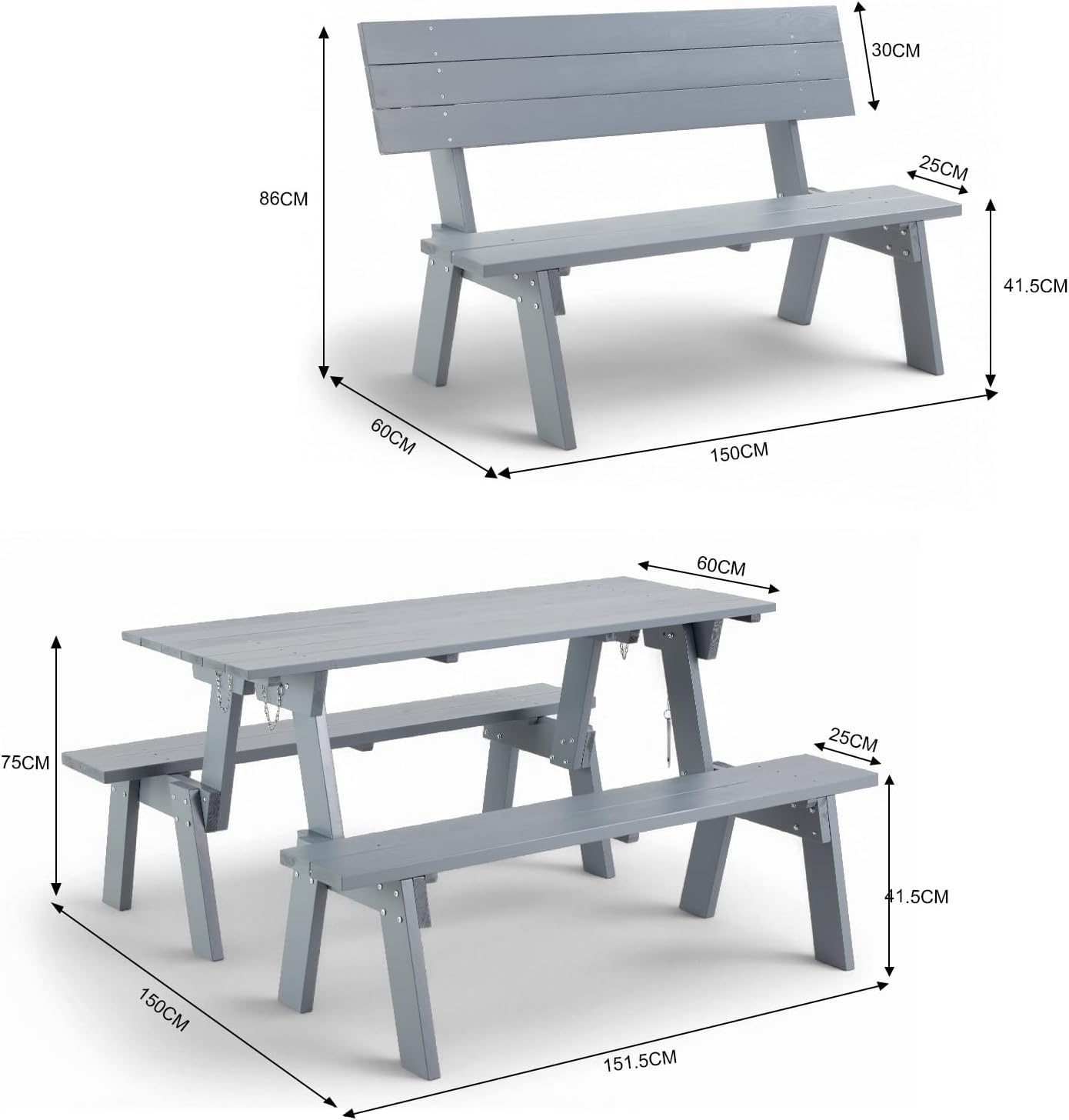 Convertible Wooden Picnic Table with Benches 3 in 1 Folding Set