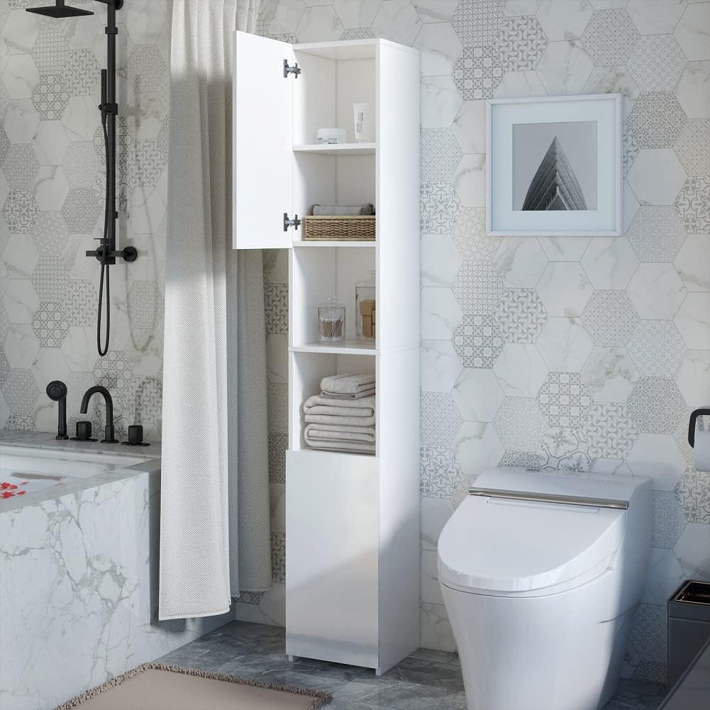 Tall Slim Bathroom Cabinet White High Gloss Storage Unit 6 Space