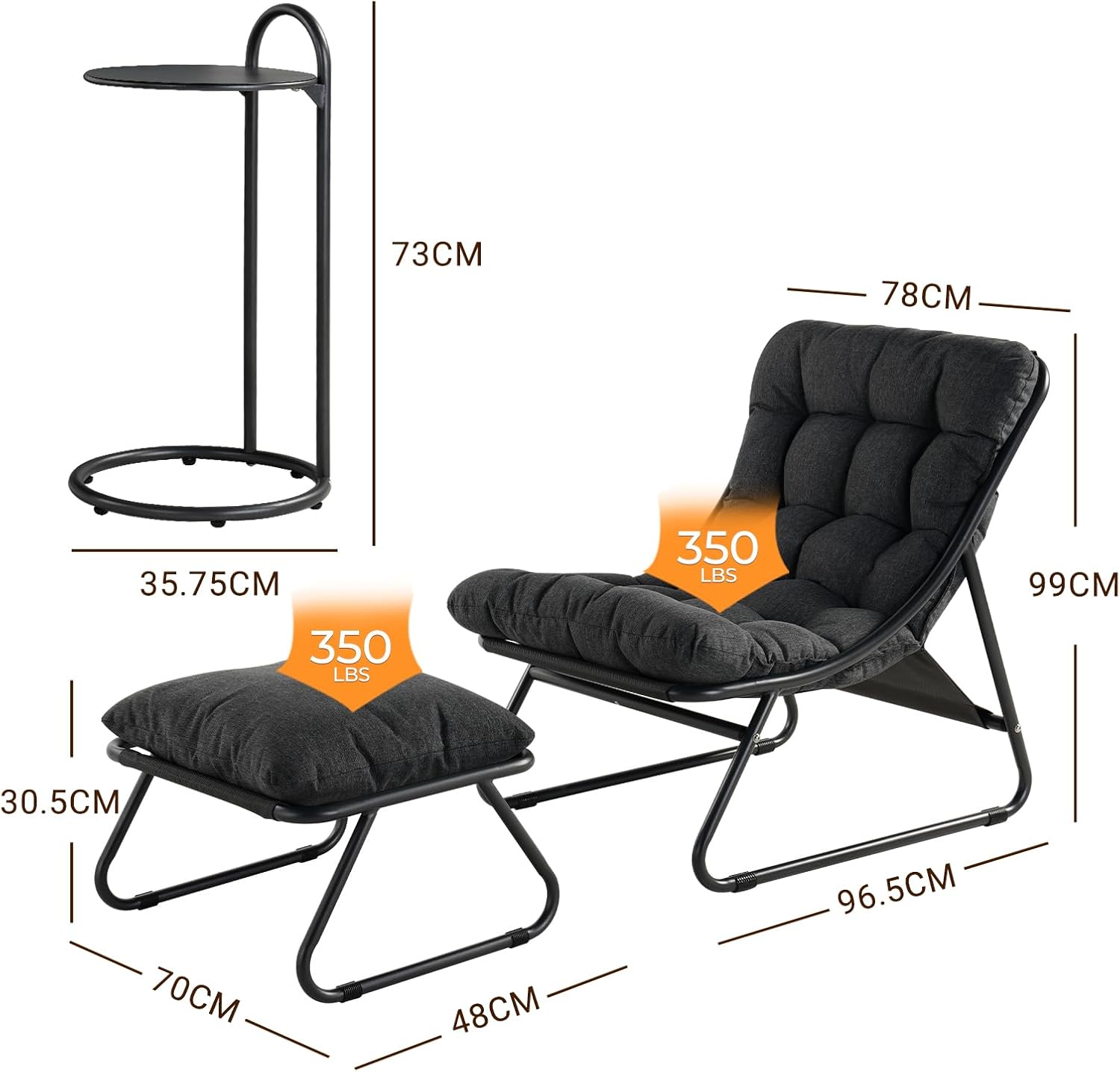Reclining Garden Sun Lounger Chair Set Footstool Table Grey