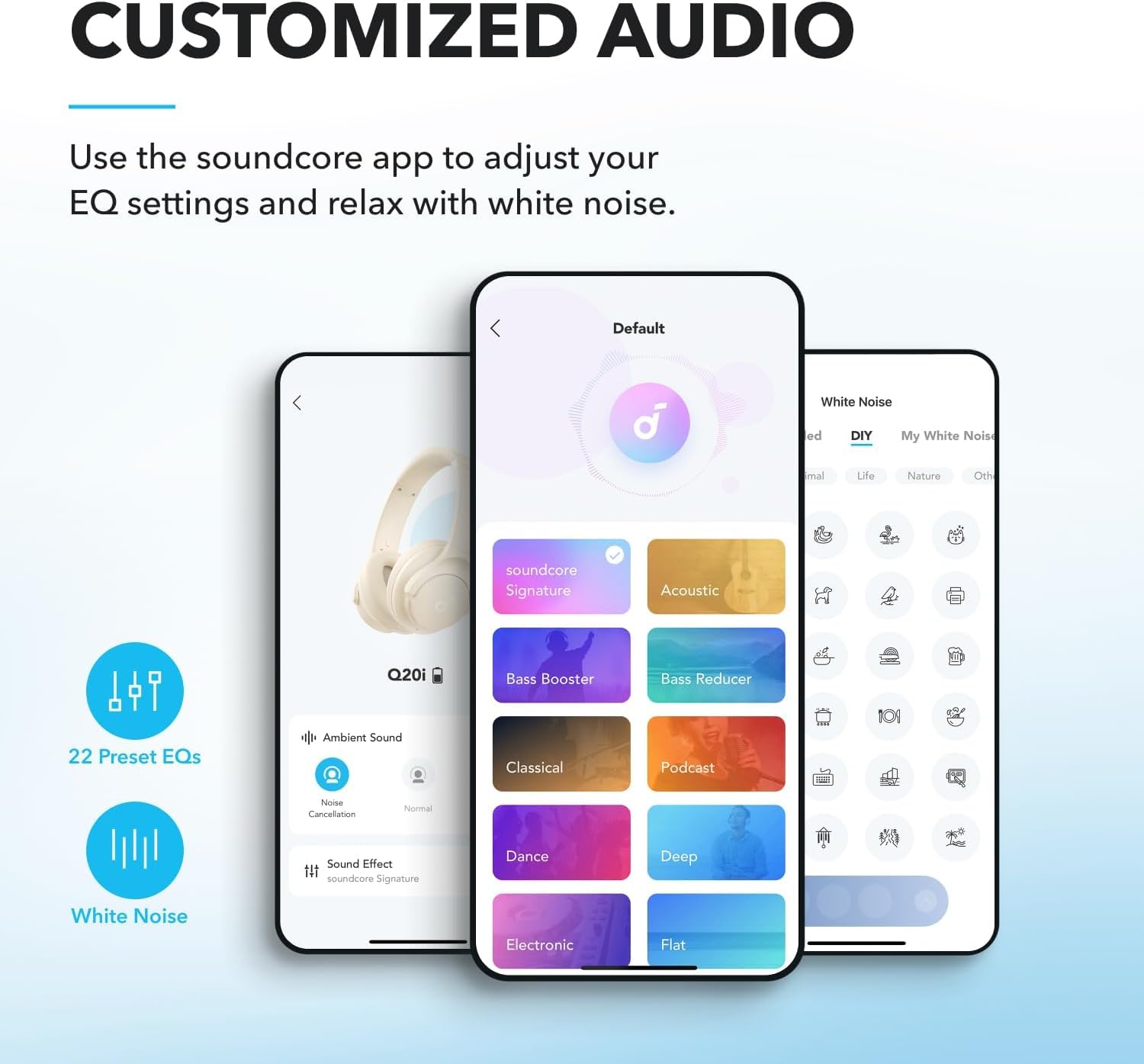 White ANC Bluetooth Over Ear Headphones 40H Playtime Hi Res