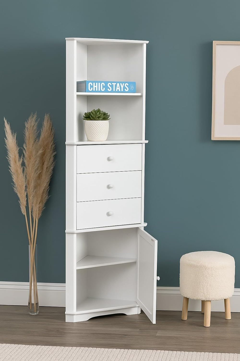 Corner Tall Bathroom Cabinet White Drawer Shelf Unit