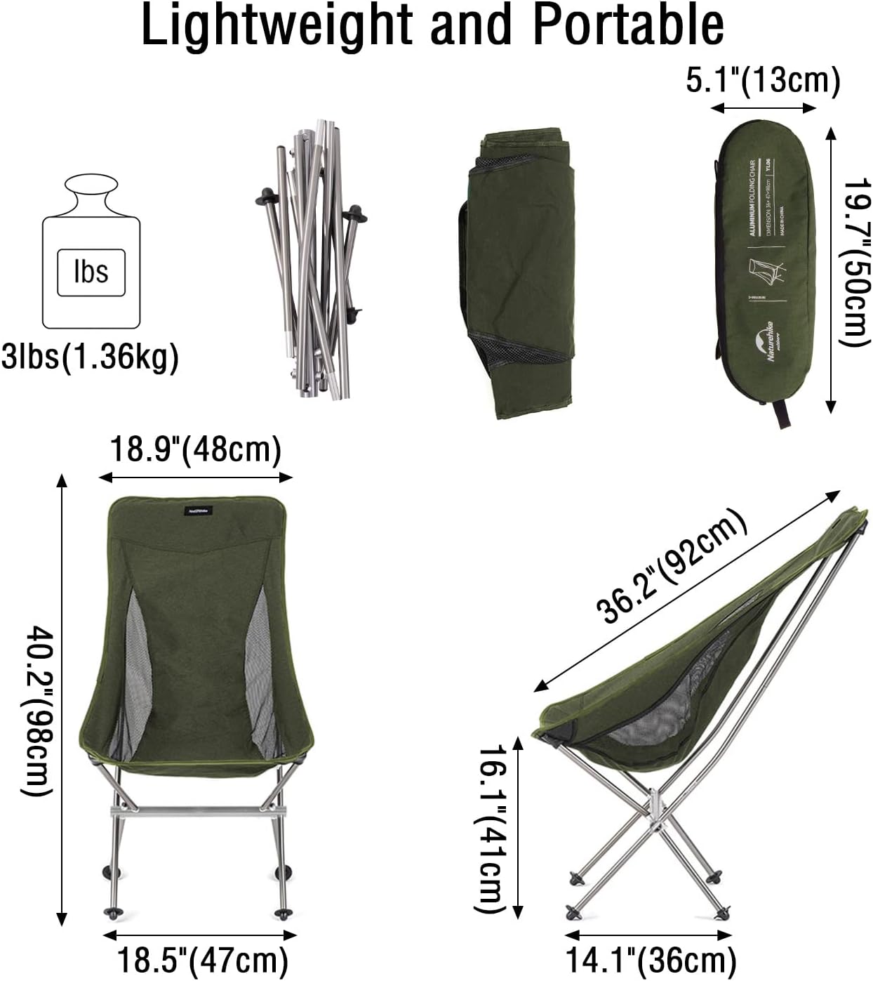 Lightweight Folding Camping Chair 330lb Green